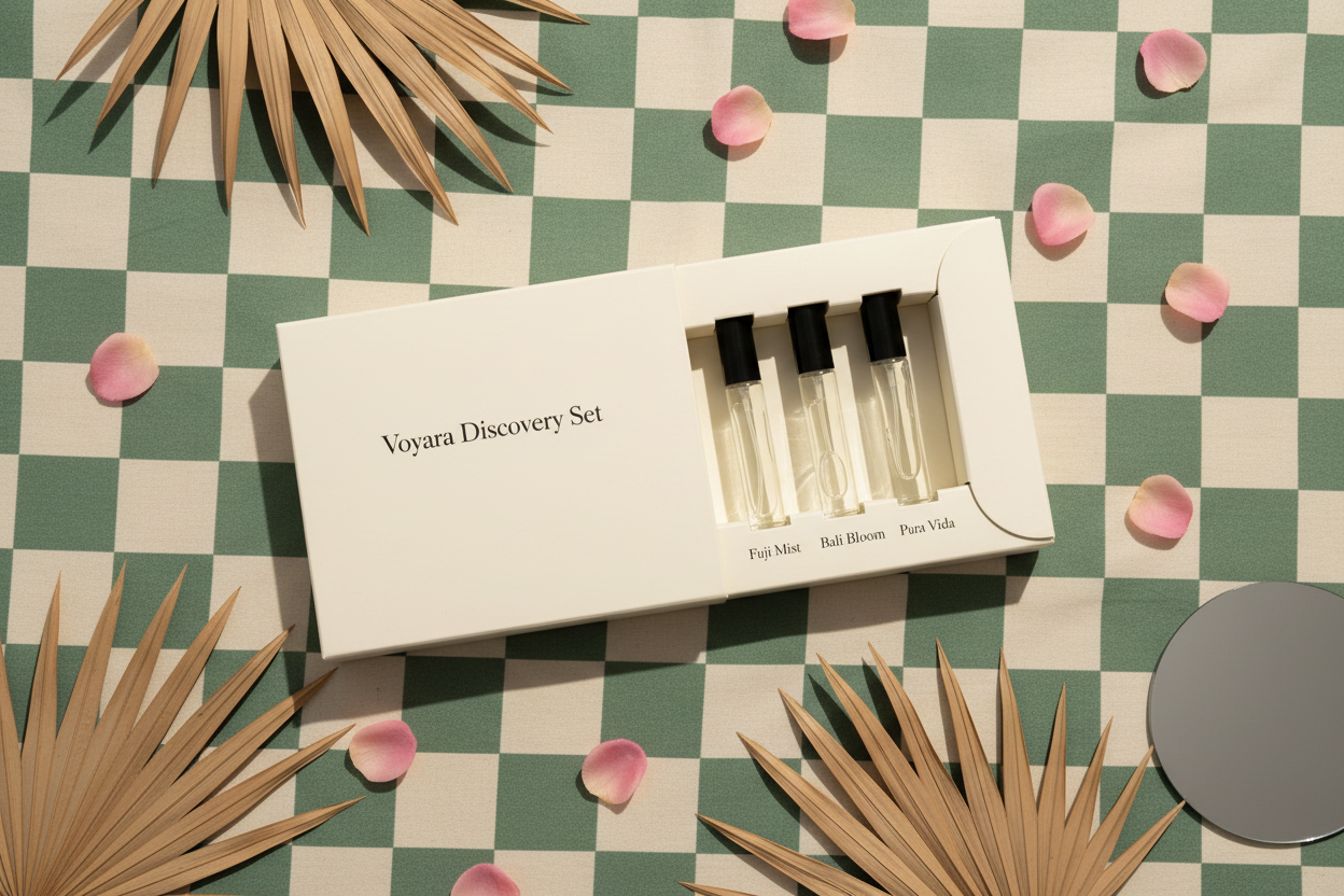 Voyara Discovery Set — flat lay checker met spiegel en rozenblaadjes, blanco flesjes
